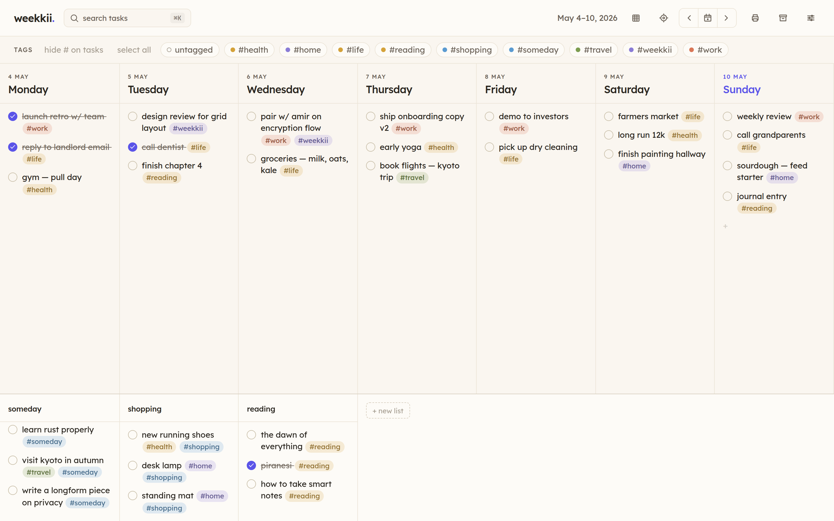 weekkii week screen in a browser, light theme